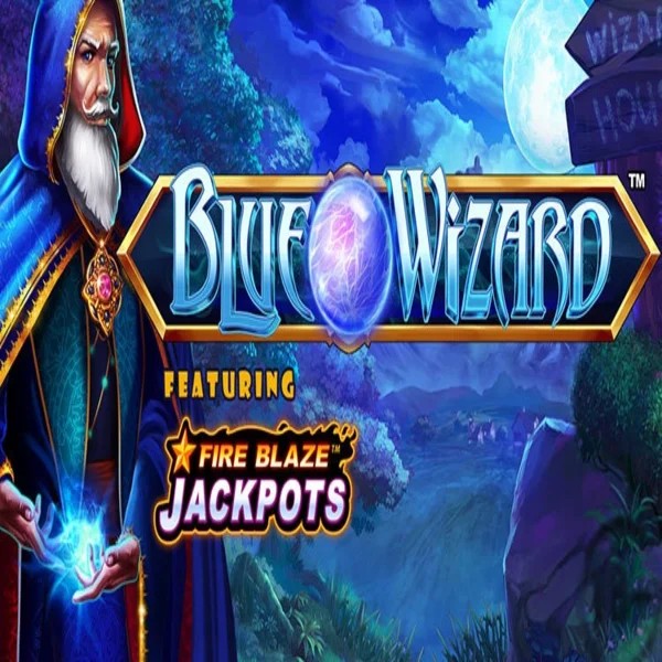 Blue Wizard Fire Blaze Jackpots logo by Rarestone Gaming at Olympia Casino